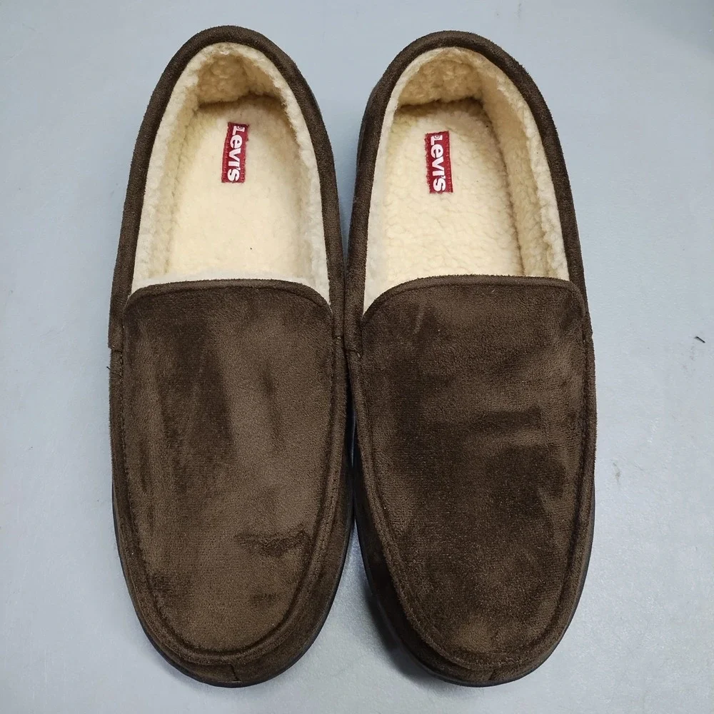 Levi's Fields Microsuede Slippers Mens US XXL (13) Brown Faux Fur Lined Moc Toe